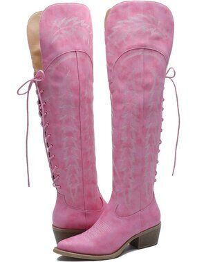 Women's Pink Western Fashion Over The Knee Thigh High Cowgirl Boots Low Heel
